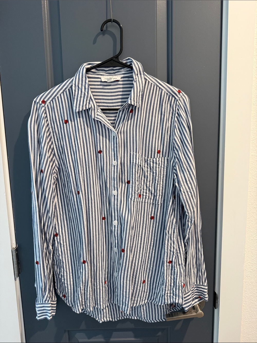 beachlunchlounge Blue and White Striped Button-Down with Red Lady Bugs